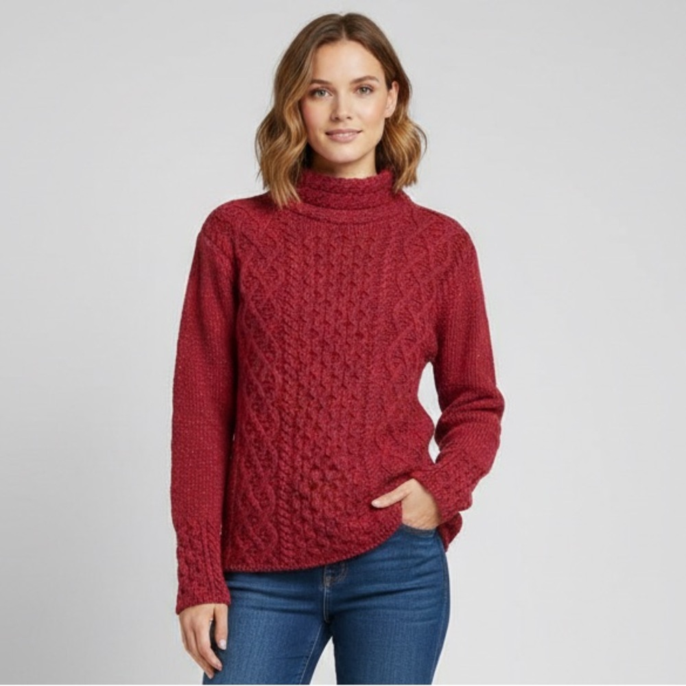 Aran Dark Red Speckled Wool Cashmere Cableknit Pullover Irish Sweater - XL 🇮🇪